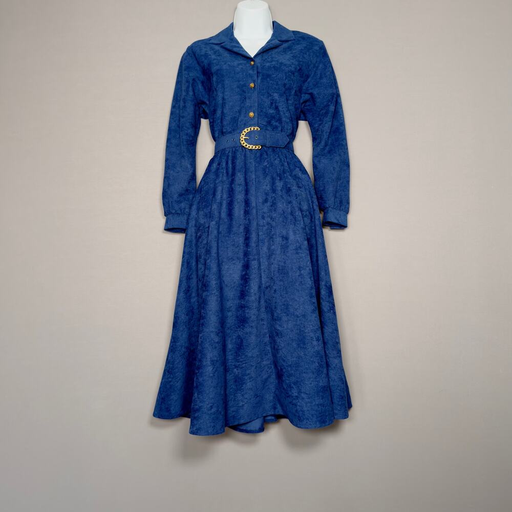 EJM Petites Vintage 80s Blue Velour Long Sleeve Belted Midi Dress  Size 8